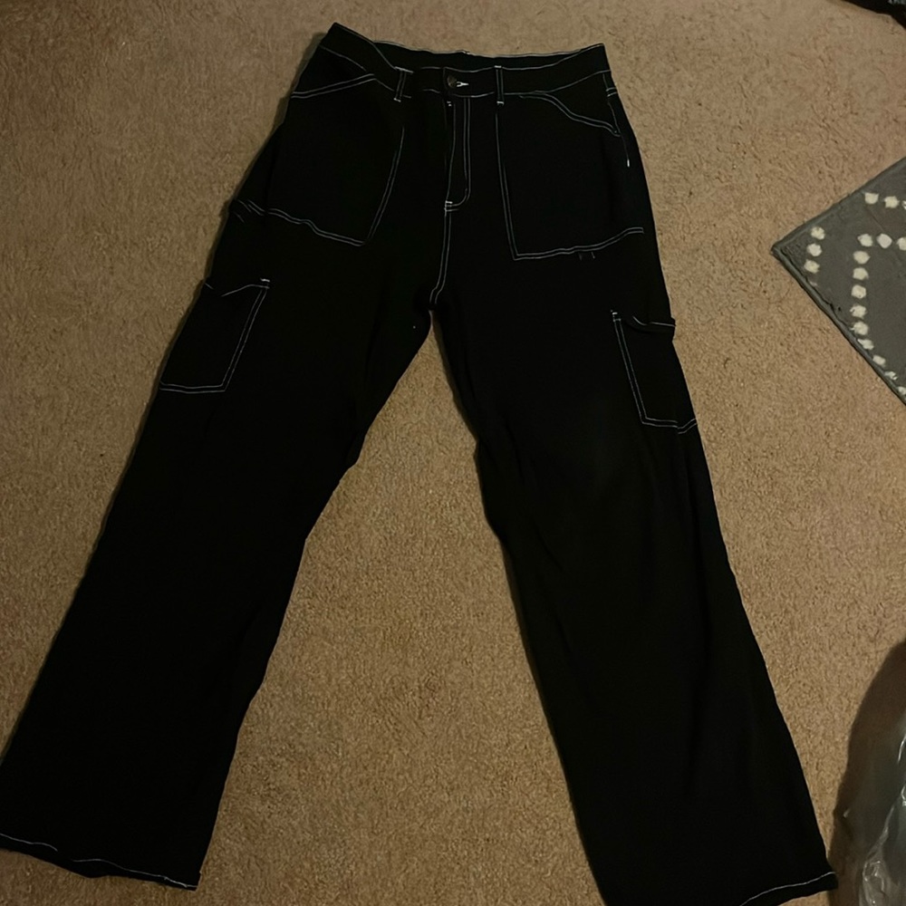 Women’s black contrast stitch cargo pants, high waisted